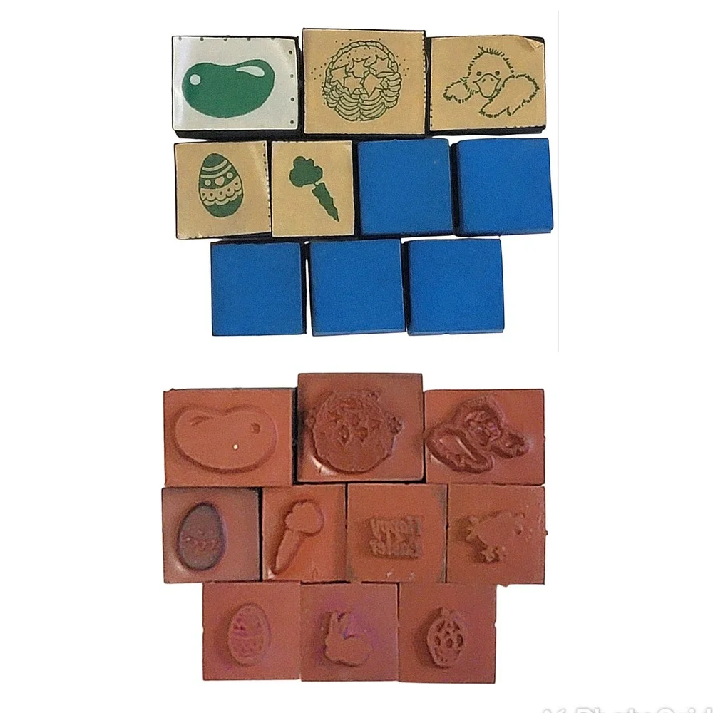 VTG‎ Easter Rubber Stamp Set 10 Pc Foam Bunny Egg Chick Carrot Basket Jelly Bean